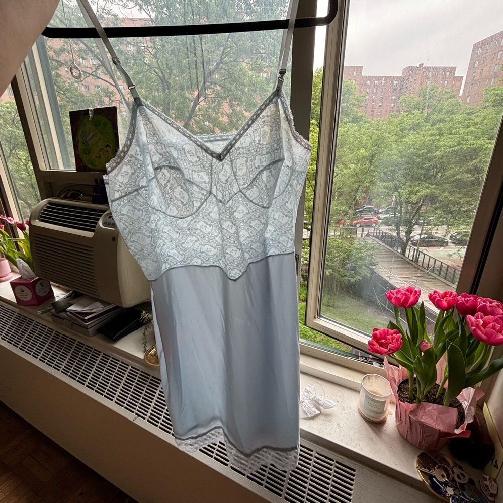 Lace Trim Blue Slip Dress